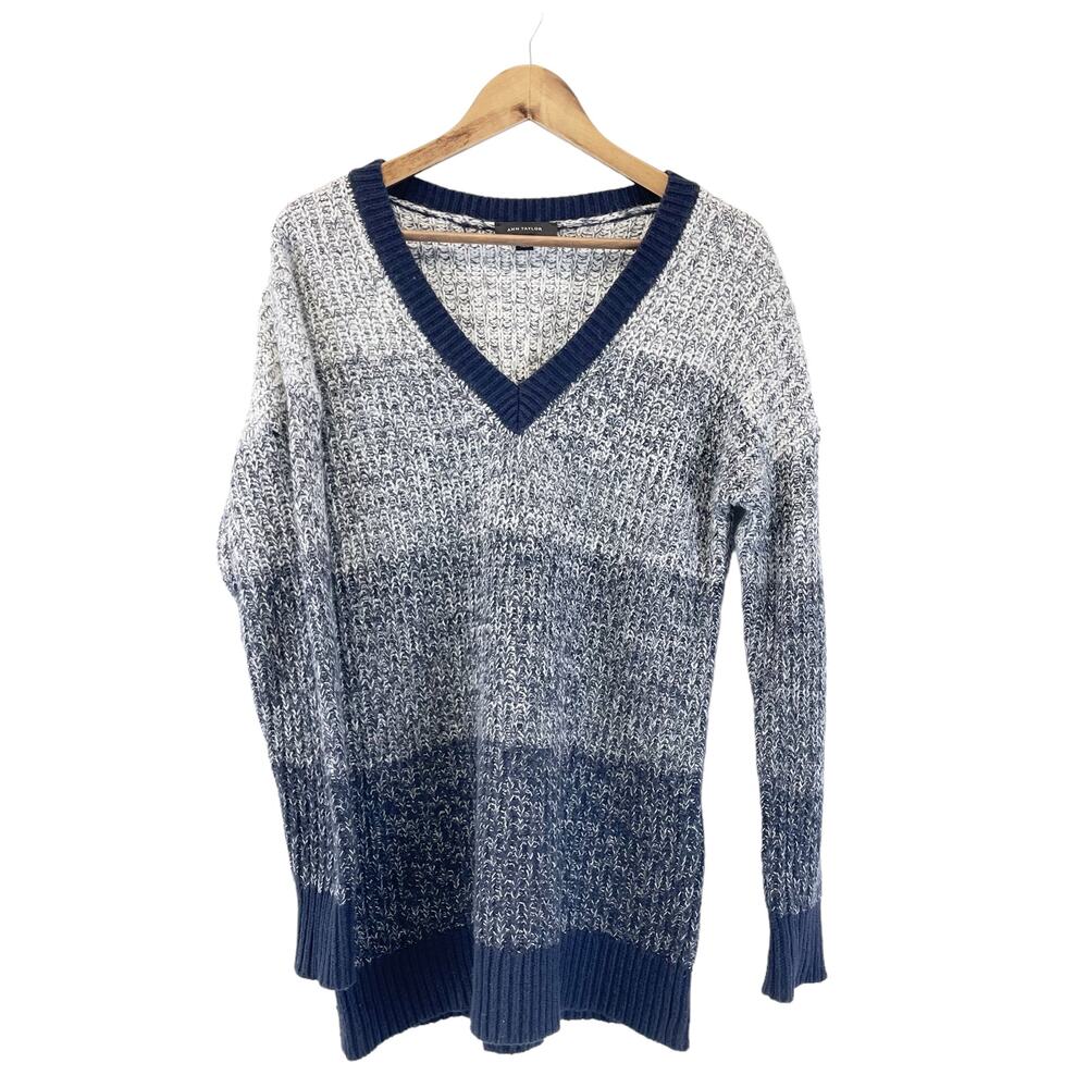Ann Taylor Womens S Chunky V-Neck Sweater Color Block Stripes Blue White‎